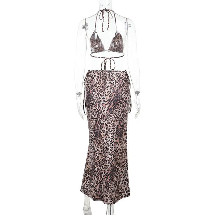Leopard print self tie halter v neck maxi skirt set  | Festival Outfits Women