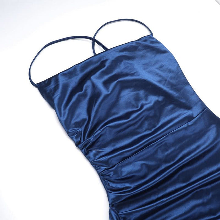 Zip-up satin slit v neck ruched cami maxi dress  | Festival Outfits Women