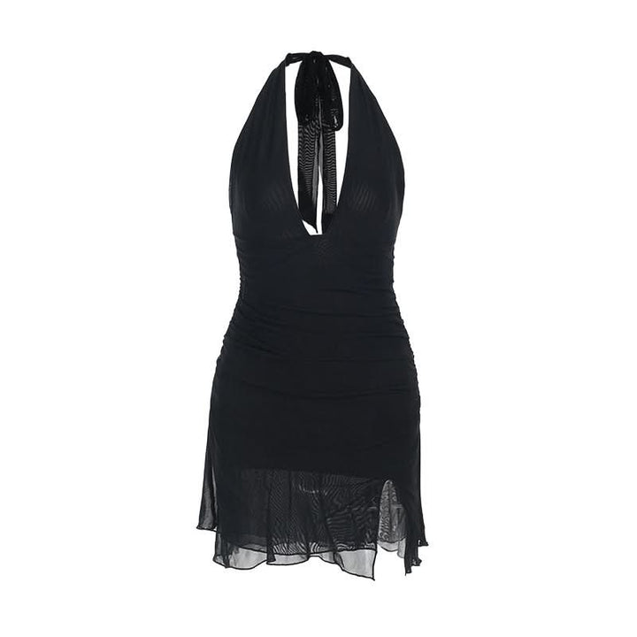 Halter self tie deep v neck slit ruched mini dress  | Festival Outfits Women