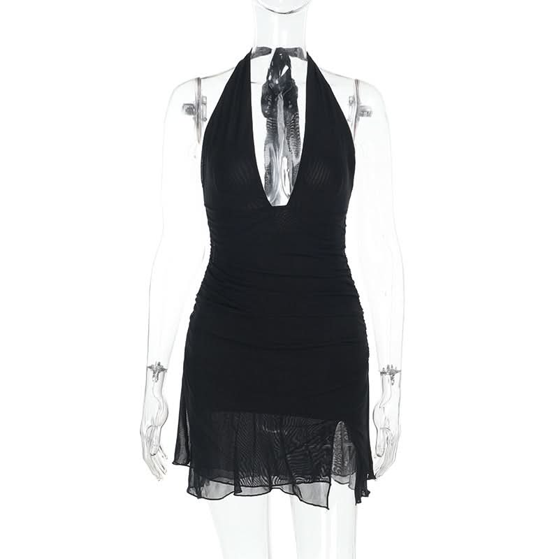 Halter self tie deep v neck slit ruched mini dress  | Festival Outfits Women