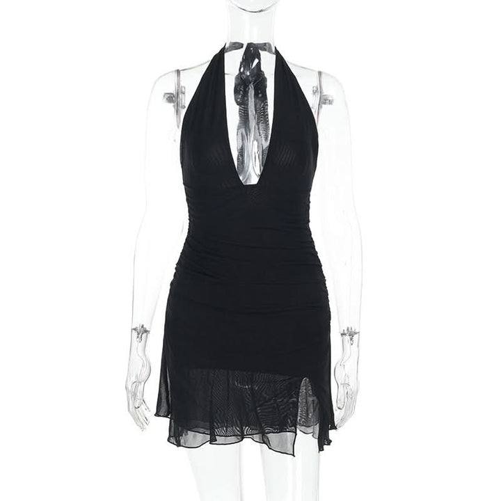 Halter self tie deep v neck slit ruched mini dress  | Festival Outfits Women