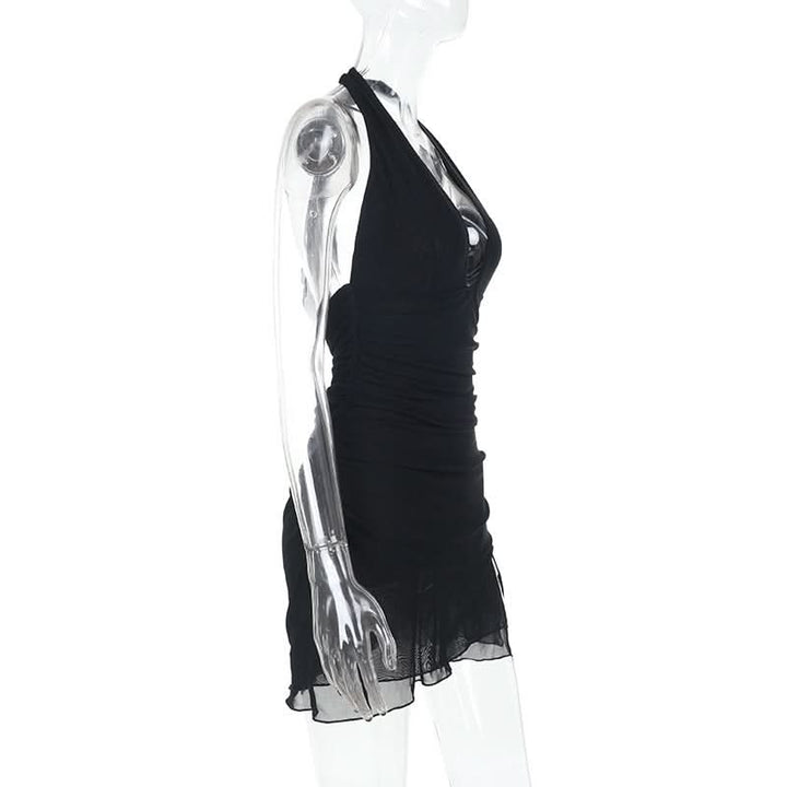 Halter self tie deep v neck slit ruched mini dress  | Festival Outfits Women