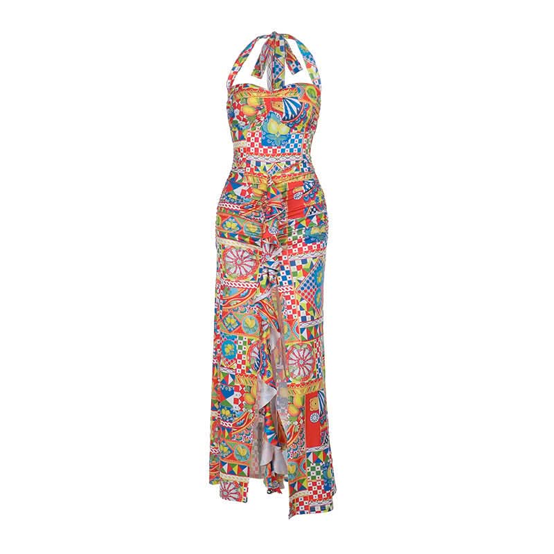Halter self tie ruched print slit maxi dress  | Festival Outfits Women