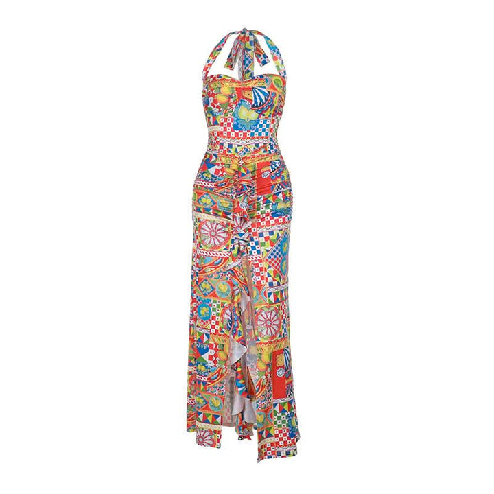 Halter self tie ruched print slit maxi dress  | Festival Outfits Women