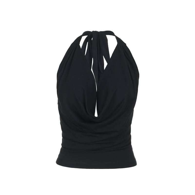 Cowl neck halter self tie solid backless top-final-sale
