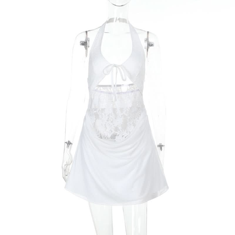 Halter hollow out lace zip-up self tie cut out mini dress  | Festival Outfits Women
