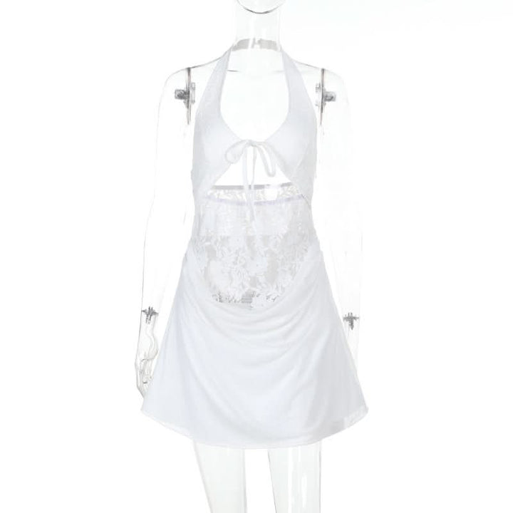 Halter hollow out lace zip-up self tie cut out mini dress  | Festival Outfits Women