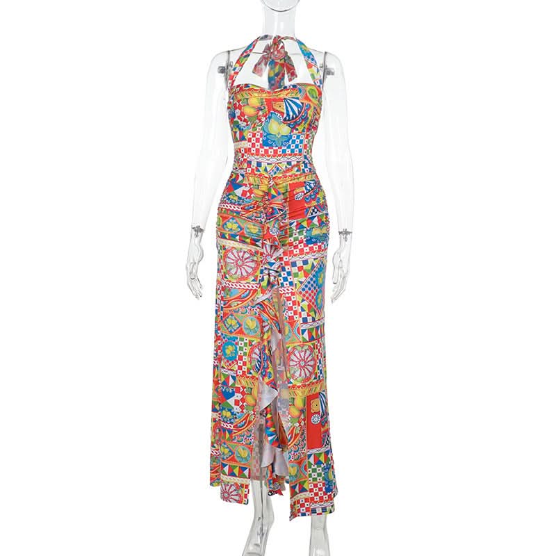 Halter self tie ruched print slit maxi dress  | Festival Outfits Women