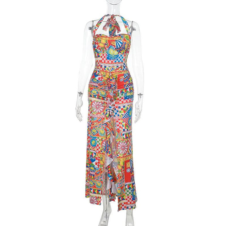 Halter self tie ruched print slit maxi dress  | Festival Outfits Women