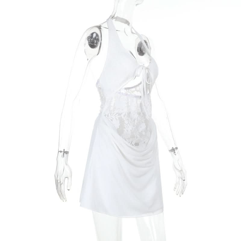 Halter hollow out lace zip-up self tie cut out mini dress  | Festival Outfits Women