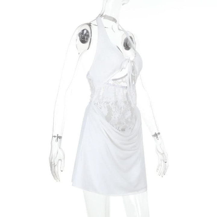 Halter hollow out lace zip-up self tie cut out mini dress  | Festival Outfits Women