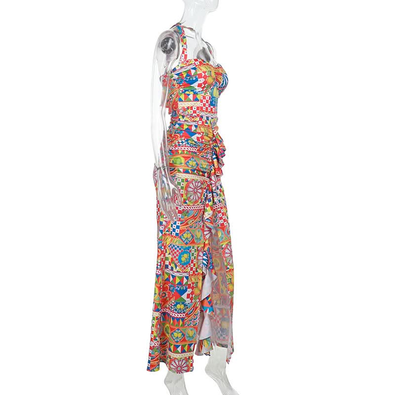 Halter self tie ruched print slit maxi dress  | Festival Outfits Women