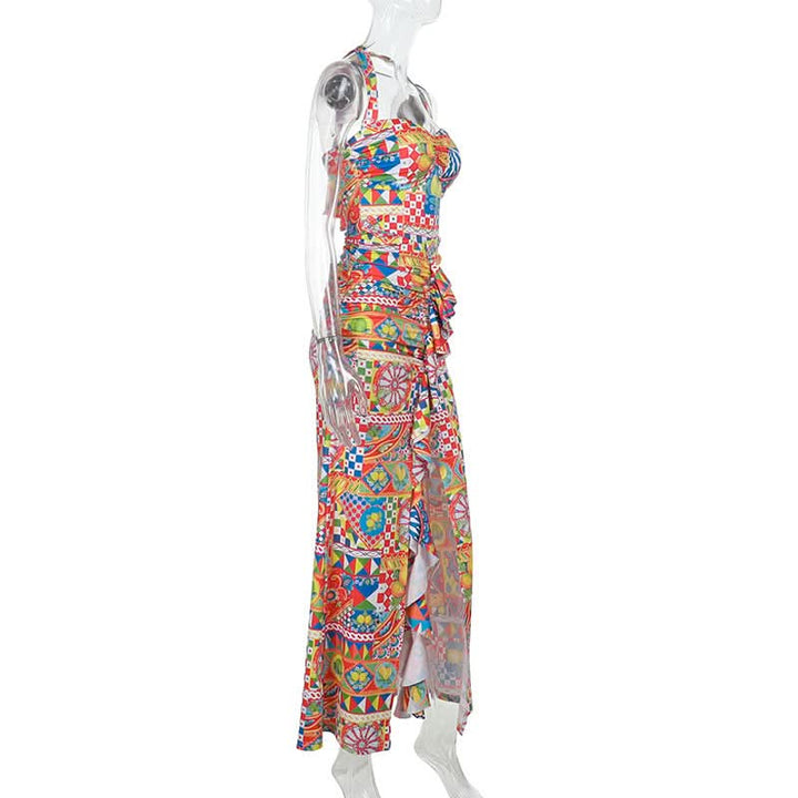 Halter self tie ruched print slit maxi dress  | Festival Outfits Women