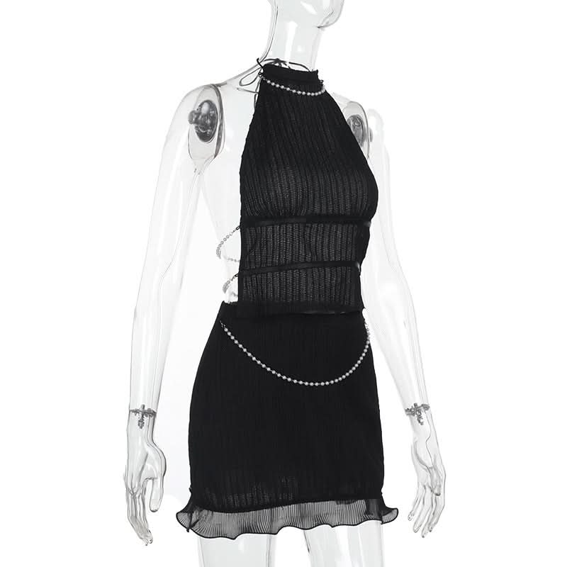 Beaded self tie halter ruffle mini skirt set  | Festival Outfits Women