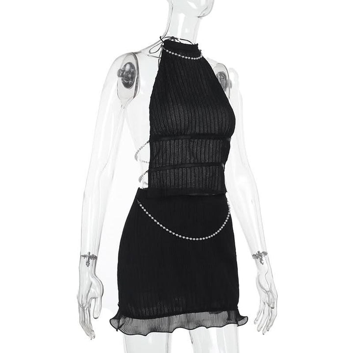 Beaded self tie halter ruffle mini skirt set  | Festival Outfits Women