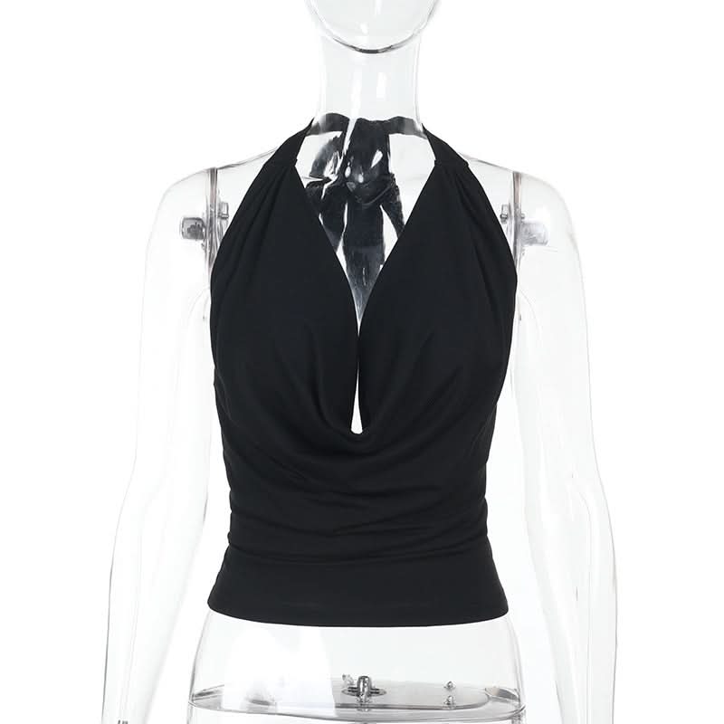 Cowl neck halter self tie solid backless top-final-sale