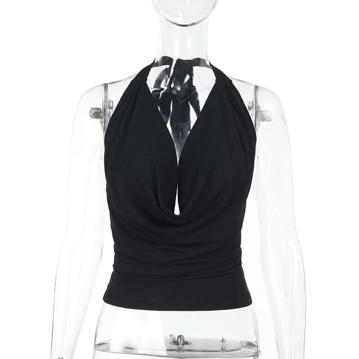 Cowl neck halter self tie solid backless top-final-sale