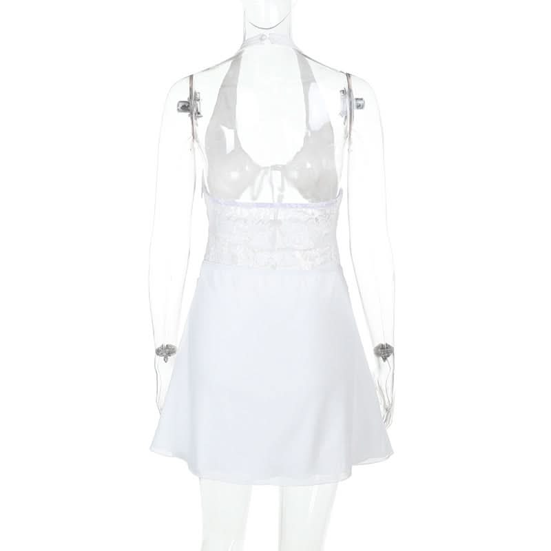 Halter hollow out lace zip-up self tie cut out mini dress  | Festival Outfits Women