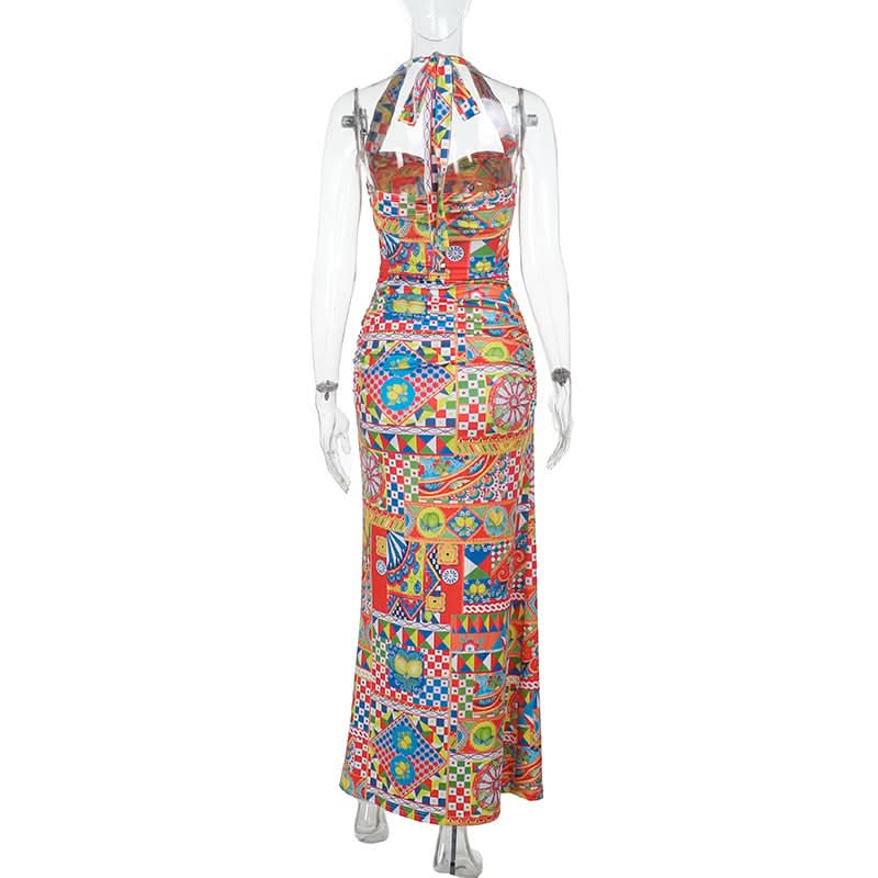 Halter self tie ruched print slit maxi dress  | Festival Outfits Women