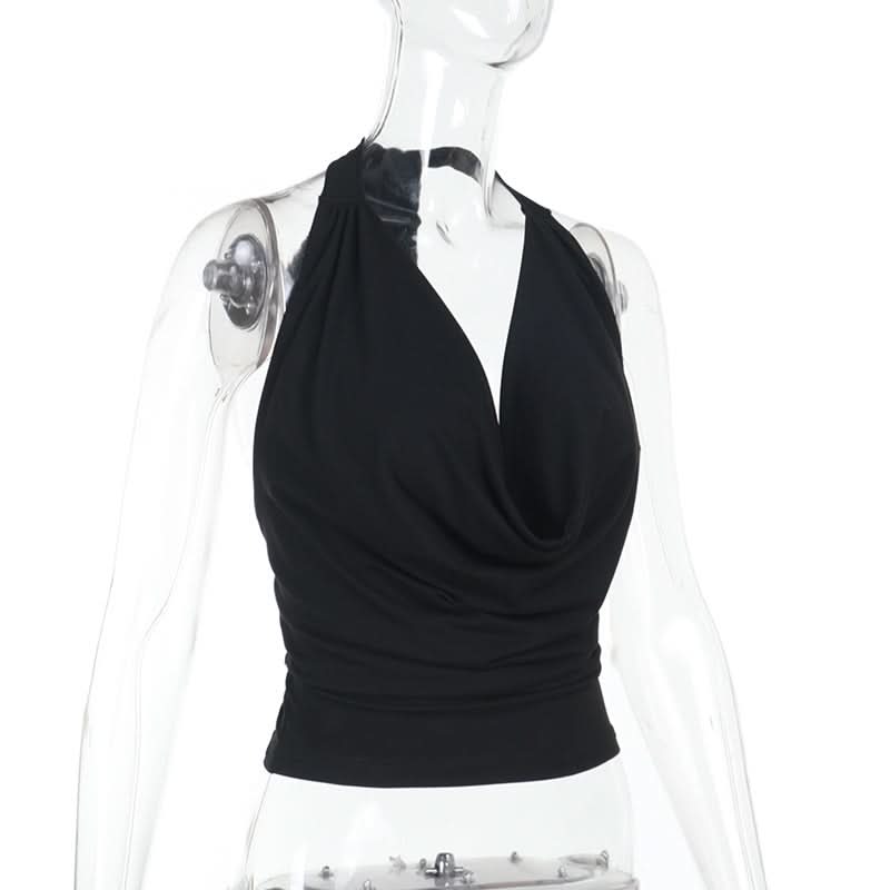 Cowl neck halter self tie solid backless top-final-sale