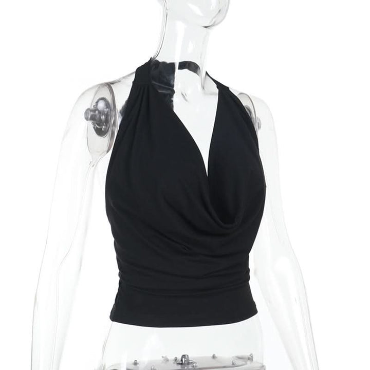 Cowl neck halter self tie solid backless top-final-sale