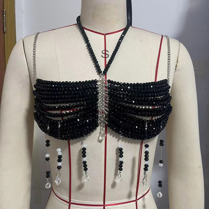 Black beaded metal chain halter backless top  | Festival Outfits Women