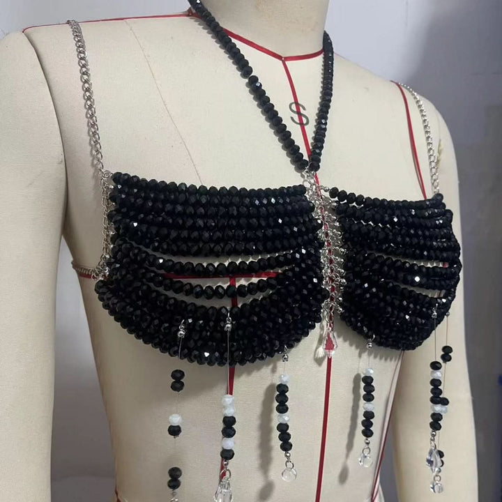 Black beaded metal chain halter backless top  | Festival Outfits Women
