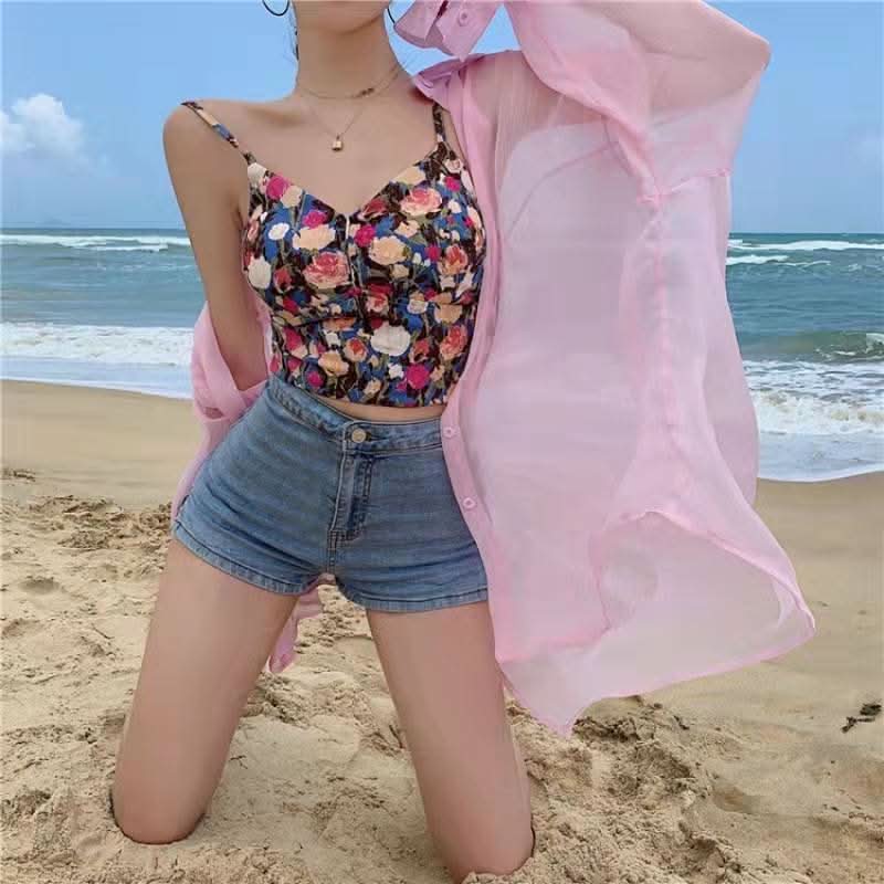 Smocked flower print v neck padded cami top  | Festival Outfits Women