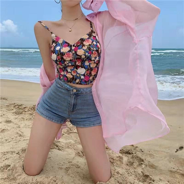 Smocked flower print v neck padded cami top  | Festival Outfits Women
