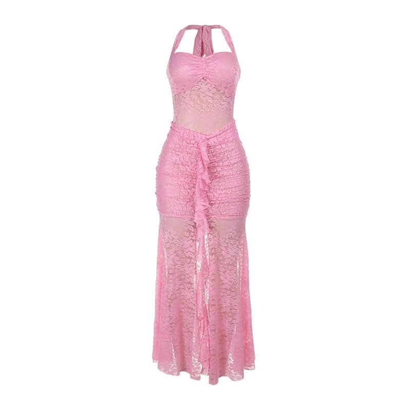 Lace ruched self tie halter v neck maxi dress  | Festival Outfits Women