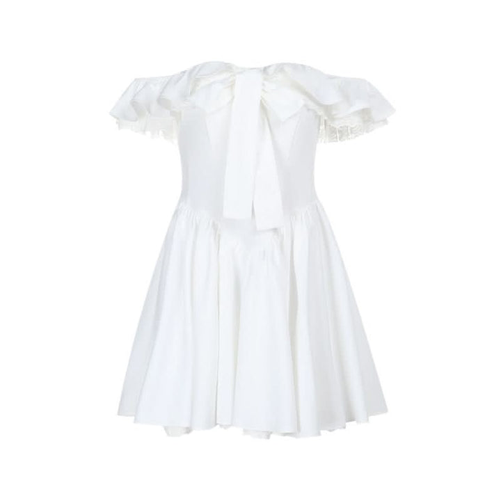 Off shoulder lace hem ruched zip-up mini dress  | Festival Outfits Women-final-sale