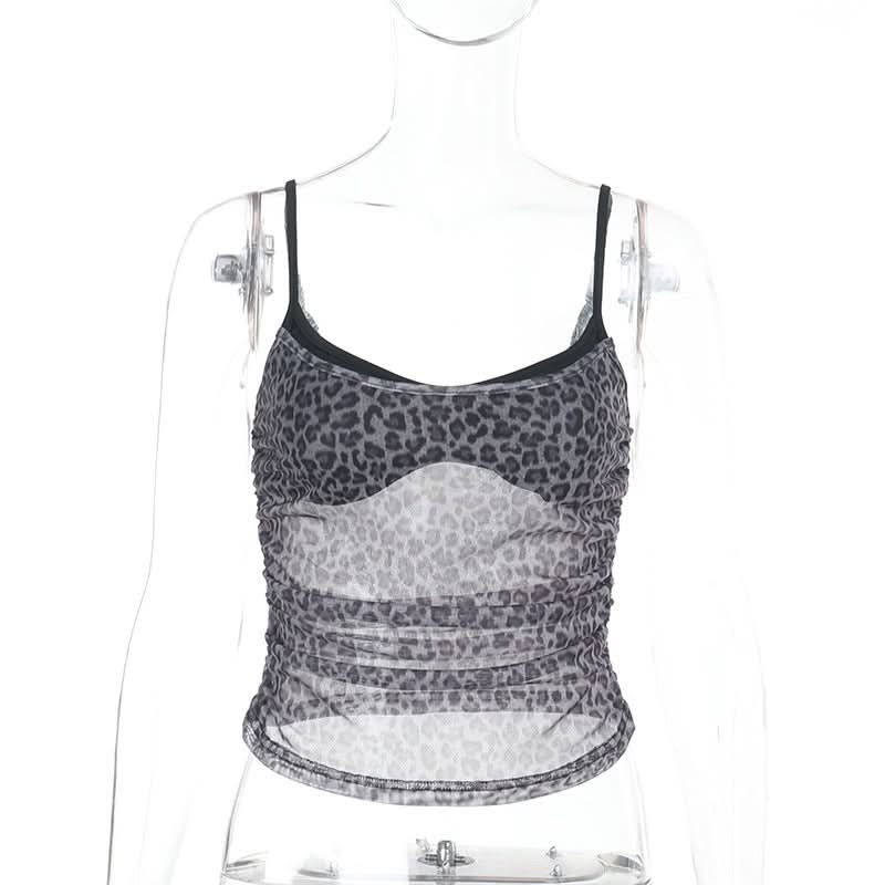 Leopard print ruched u neck mesh cami top  | Festival Outfits Women  | Cheetah Print Top