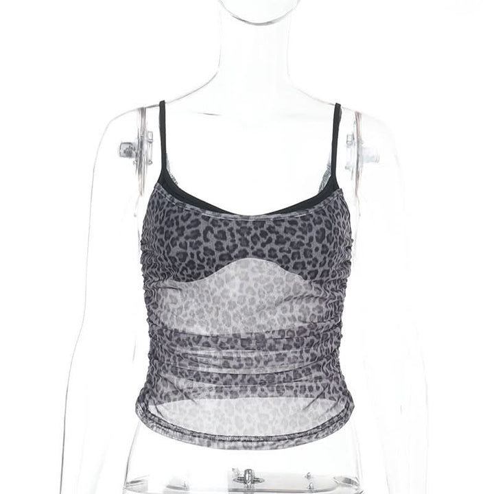 Leopard print ruched u neck mesh cami top  | Festival Outfits Women  | Cheetah Print Top