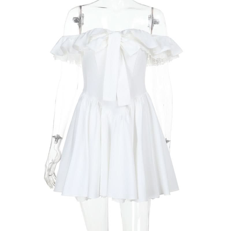 Off shoulder lace hem ruched zip-up mini dress  | Festival Outfits Women-final-sale