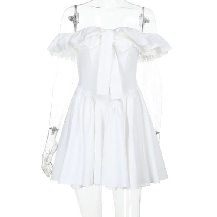 Off shoulder lace hem ruched zip-up mini dress  | Festival Outfits Women-final-sale
