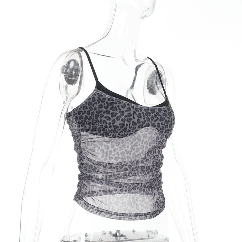 Leopard print ruched u neck mesh cami top  | Festival Outfits Women  | Cheetah Print Top