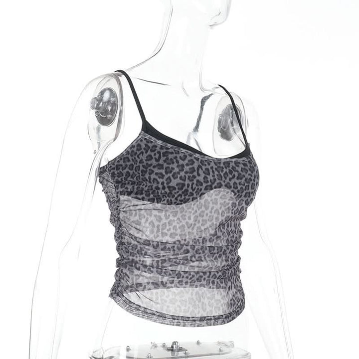 Leopard print ruched u neck mesh cami top  | Festival Outfits Women  | Cheetah Print Top