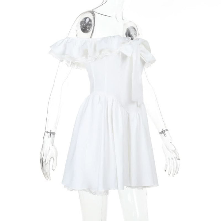 Off shoulder lace hem ruched zip-up mini dress  | Festival Outfits Women-final-sale