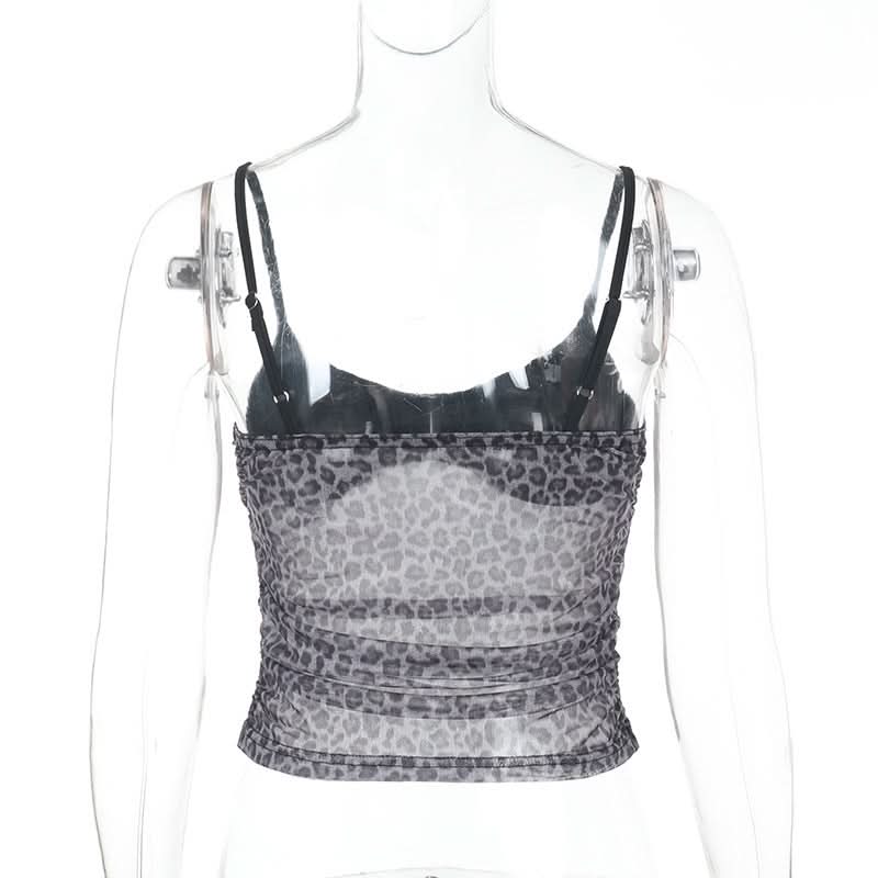 Leopard print ruched u neck mesh cami top  | Festival Outfits Women  | Cheetah Print Top