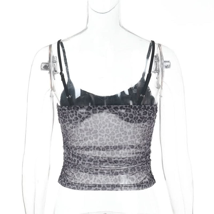 Leopard print ruched u neck mesh cami top  | Festival Outfits Women  | Cheetah Print Top