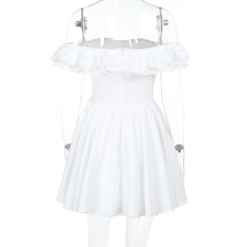 Off shoulder lace hem ruched zip-up mini dress  | Festival Outfits Women-final-sale