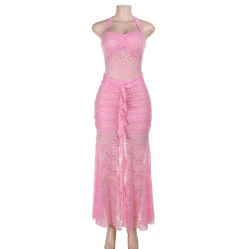 Lace ruched self tie halter v neck maxi dress  | Festival Outfits Women