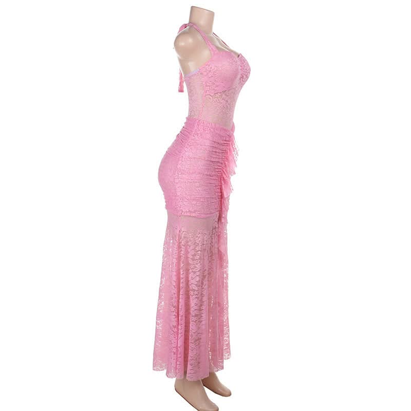 Lace ruched self tie halter v neck maxi dress  | Festival Outfits Women
