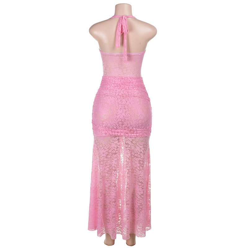 Lace ruched self tie halter v neck maxi dress  | Festival Outfits Women