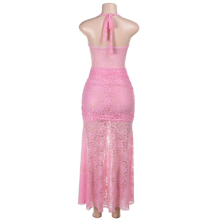 Lace ruched self tie halter v neck maxi dress  | Festival Outfits Women