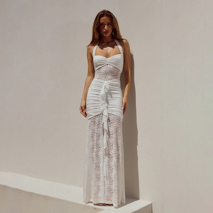 Lace ruched self tie halter v neck maxi dress  | Festival Outfits Women