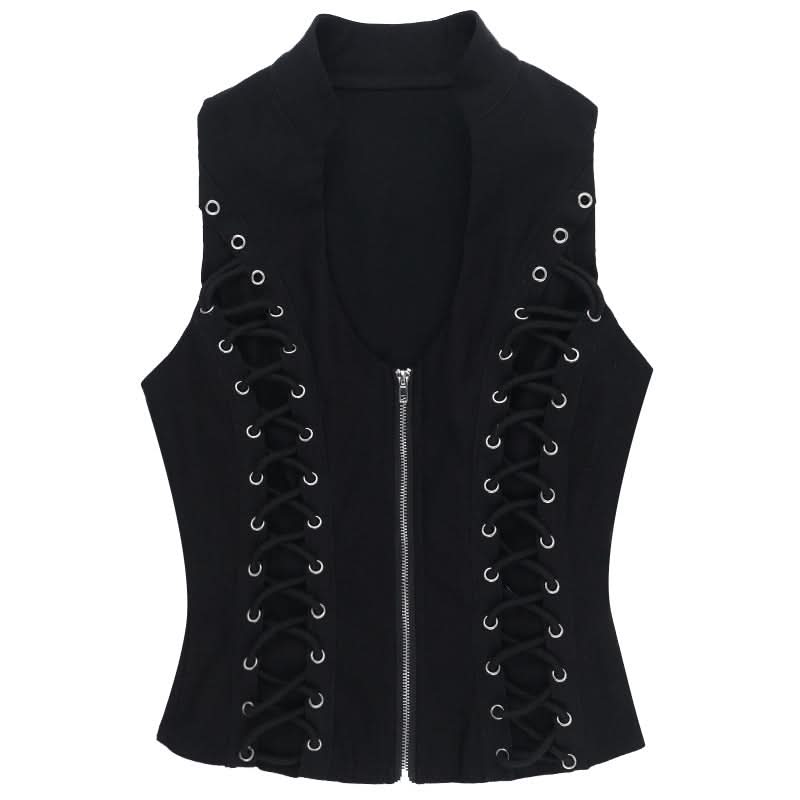 Zip-up u neck lace up sleeveless solid top  | Festival Outfits Women