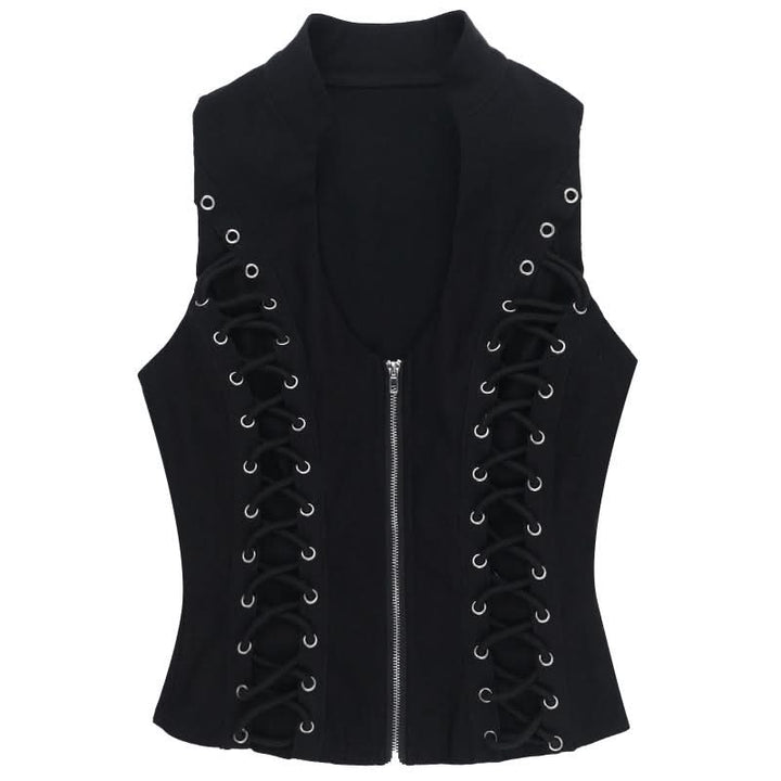 Zip-up u neck lace up sleeveless solid top  | Festival Outfits Women