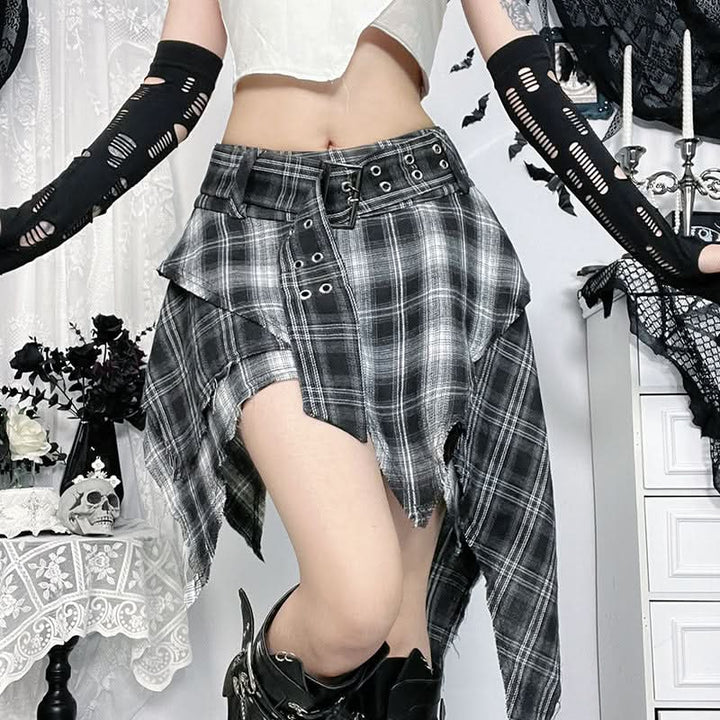 Irregular plaid belt A line mini skirt  | Festival Outfits Women