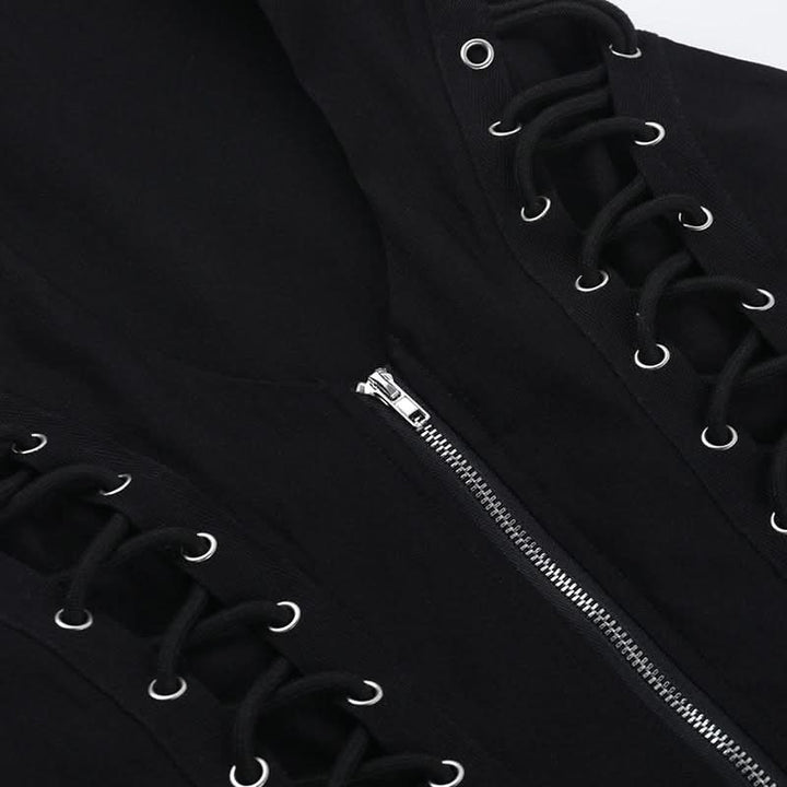 Zip-up u neck lace up sleeveless solid top  | Festival Outfits Women